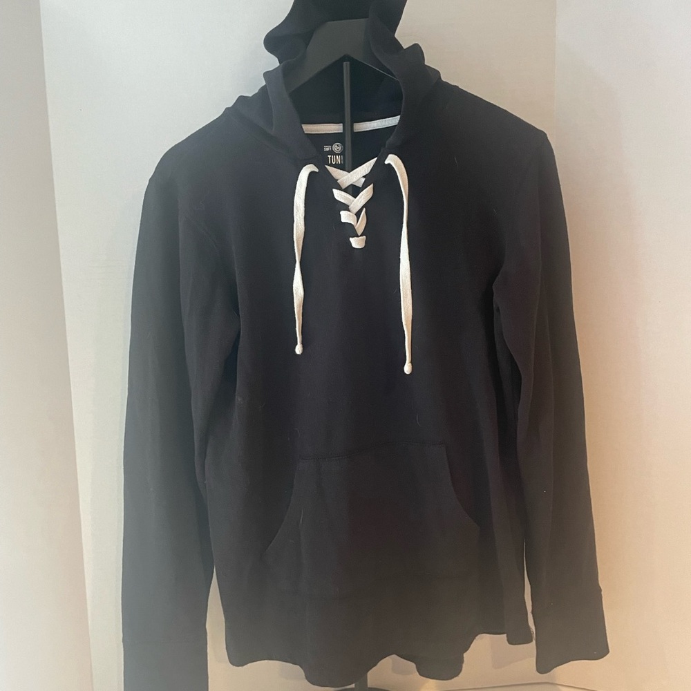 SO Women's Black Lace-Up Cowl Neck Sweater